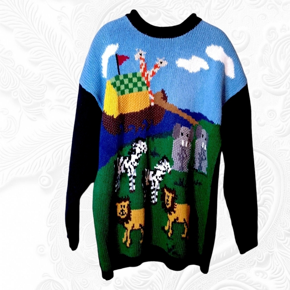 Vintage Karen Scott Hand Knits Noah's Animals Departing Arc SweaterSize large - Picture 3 of 3